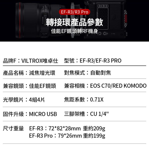 Viltrox唯卓仕 EF-R3 PRO 自動對焦轉接環 0.71x減焦增光 固定拉緊鏡頭設計